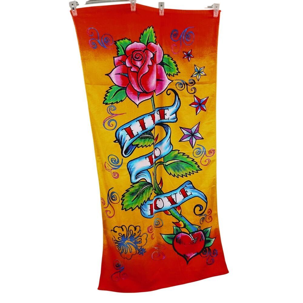 Live to Love 2009 60"x 30" Tattoo Heart Rose Star Beach Towel 100% Cotton
